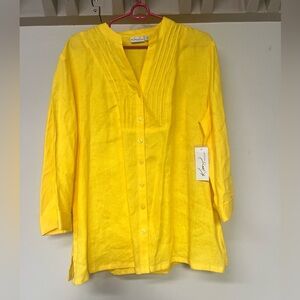 NWT 1X Kim Rodgers 100% linen button down yellow long sleeve blouse